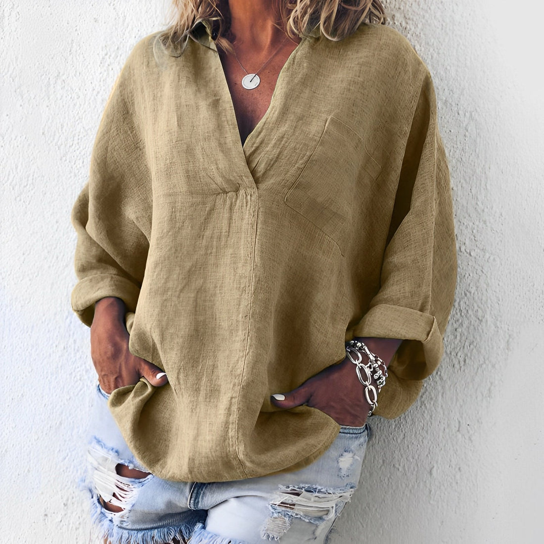 Journi - Blusa a maniche lunghe con scollo a V