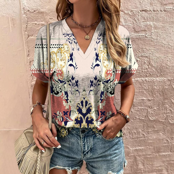 Estella - T-Shirt Estivo con Stampa Vintage e Scollo a V