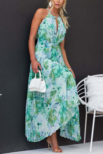 Pauleen- Abito Midi Plissettato con Fiori e Cutout