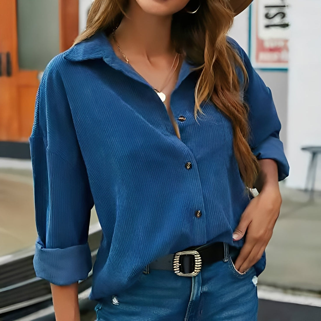 Everly - Camicia in velluto a coste casual e ampia per donne