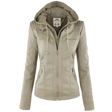 Janene - Giacca in pelle casual impermeabile con cappuccio per donne