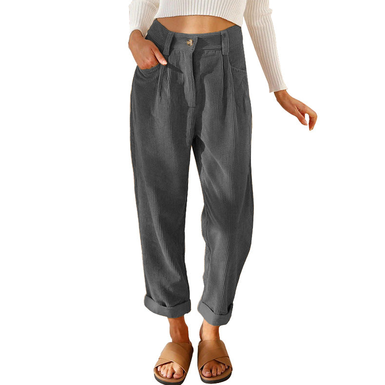 Chelsie - Pantaloni casual a vita alta in velluto a coste per donne