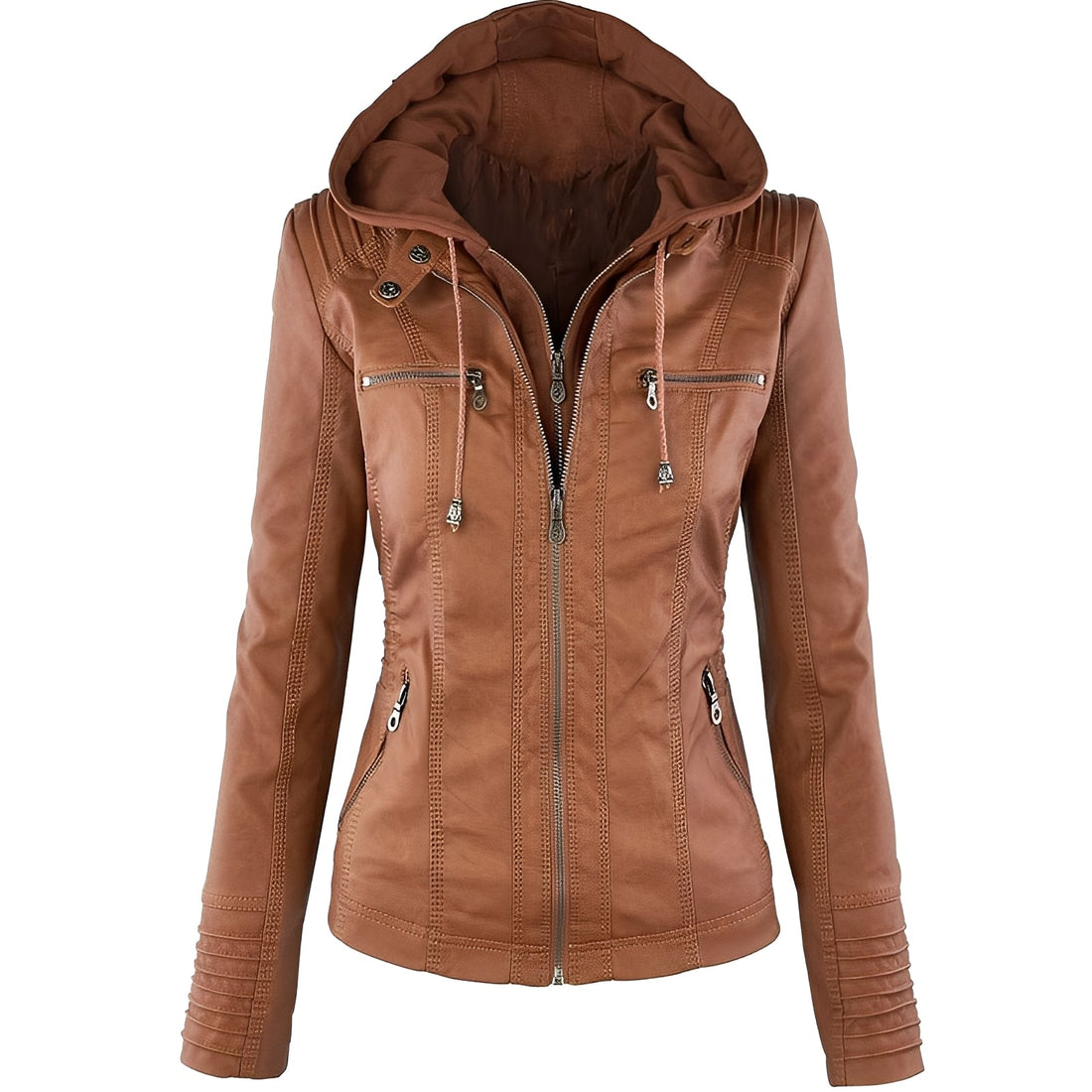 Janene - Giacca in pelle casual impermeabile con cappuccio per donne