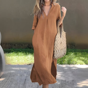 Anjelica - Abito in lino con scollo a V e spacco