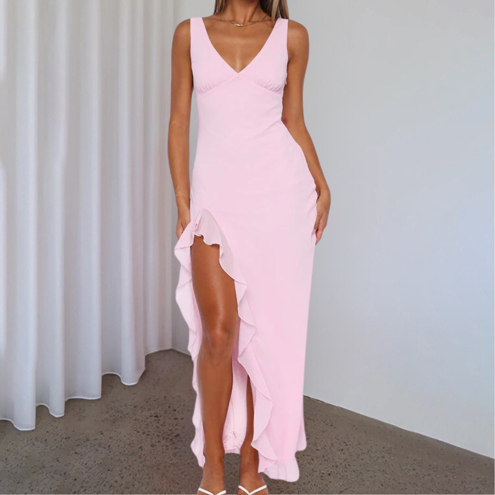 Elisheva - Elegante Abito Lungo Scollo a V, Asimmetrico
