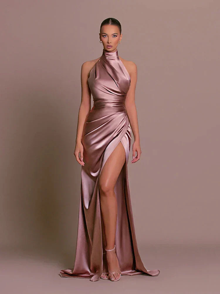 Avigail - Elegante Abito da Sera in Raso, Spacco Alto
