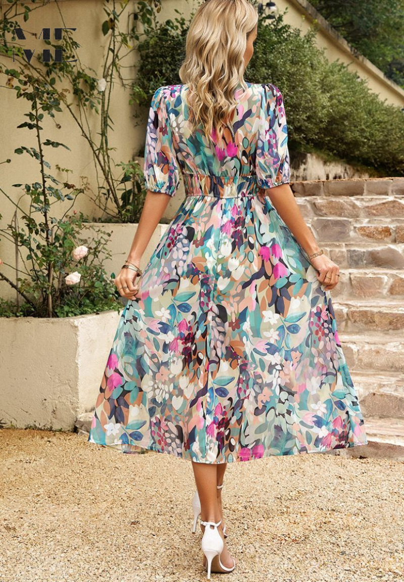 Precilla - Midi Abito Elegante Manica a Sbuffo-Fiori-Chic