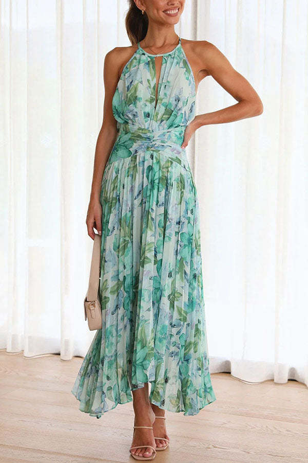 Pauleen- Abito Midi Plissettato con Fiori e Cutout