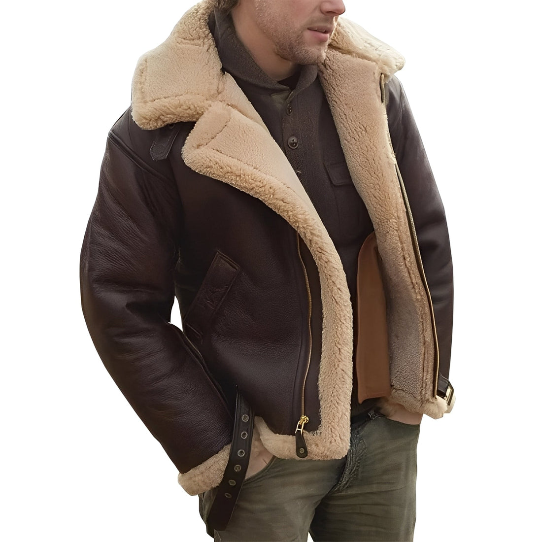 Jeffrey - Giacca in pelle moderna con calda fodera Sherpa per uomo