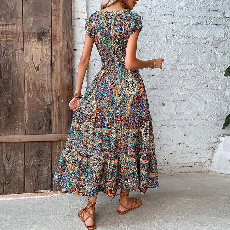Edina - Elegante Abito Boho, Vita Elastica, Scollo a V